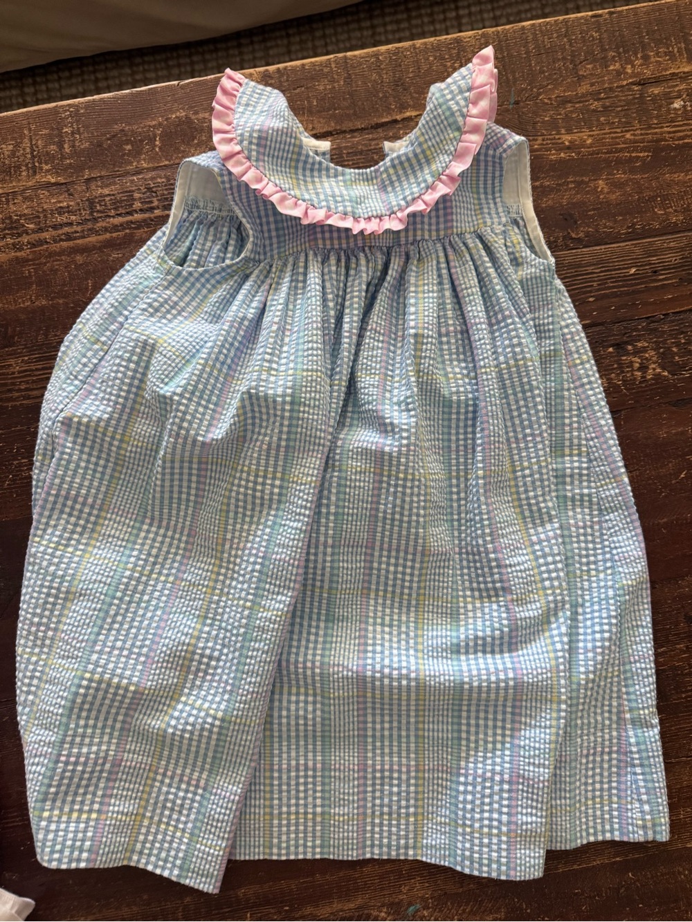 Girls Light Blue Plaid Sundress with Pink Ruffle Collar
